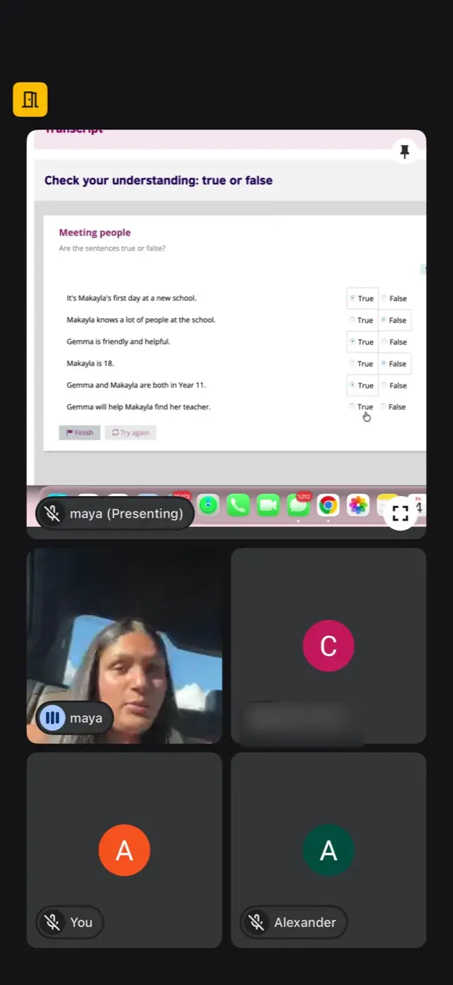 ESL lesson screen with a comprehension exercise