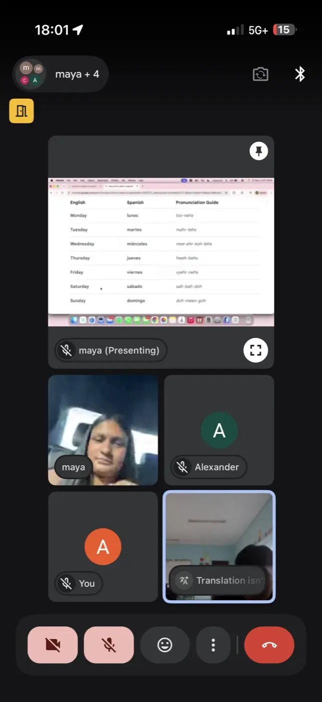 English and Spanish vocabulary lesson shared during class